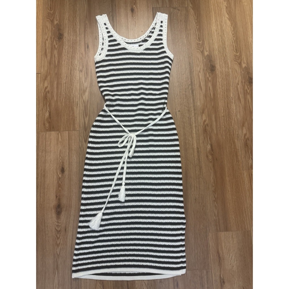 Nine West Women's Black White Striped Crochet Sleeveless Midi Dress Size S